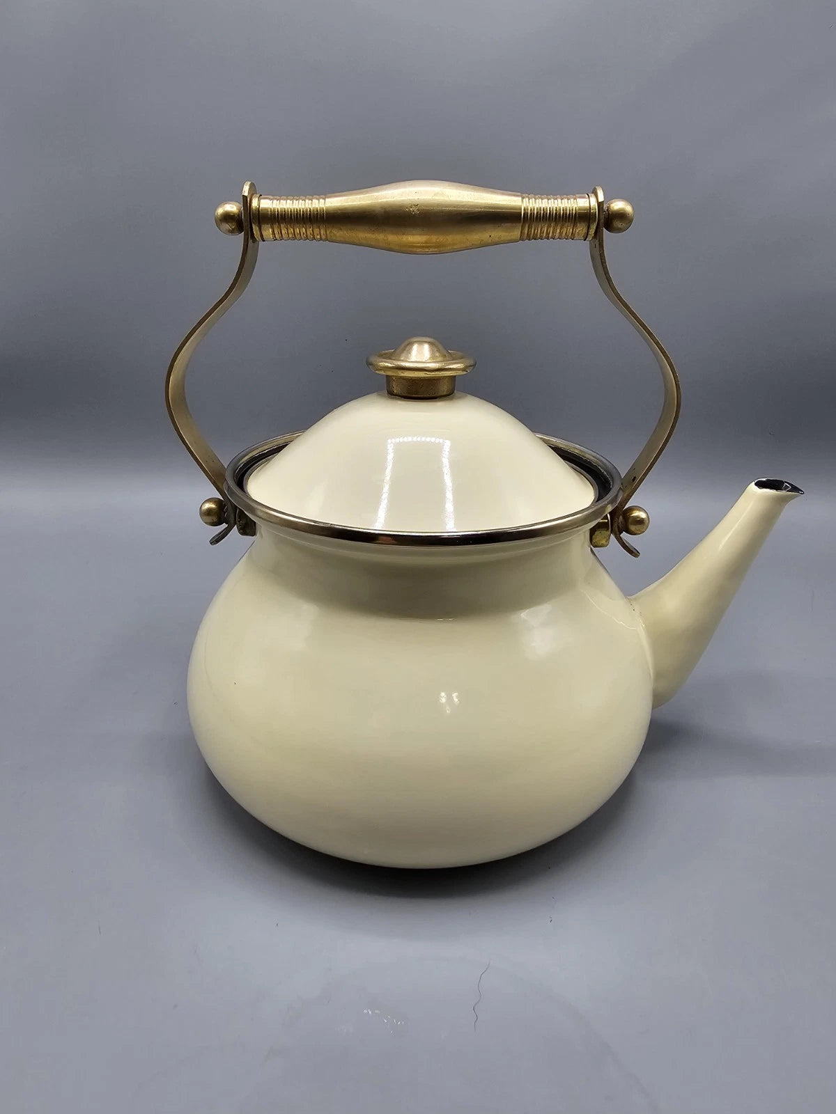 Vintage Cream Enamel Soft Gold Brass Tone Teapot Elegant Farmhouse Country | eBay