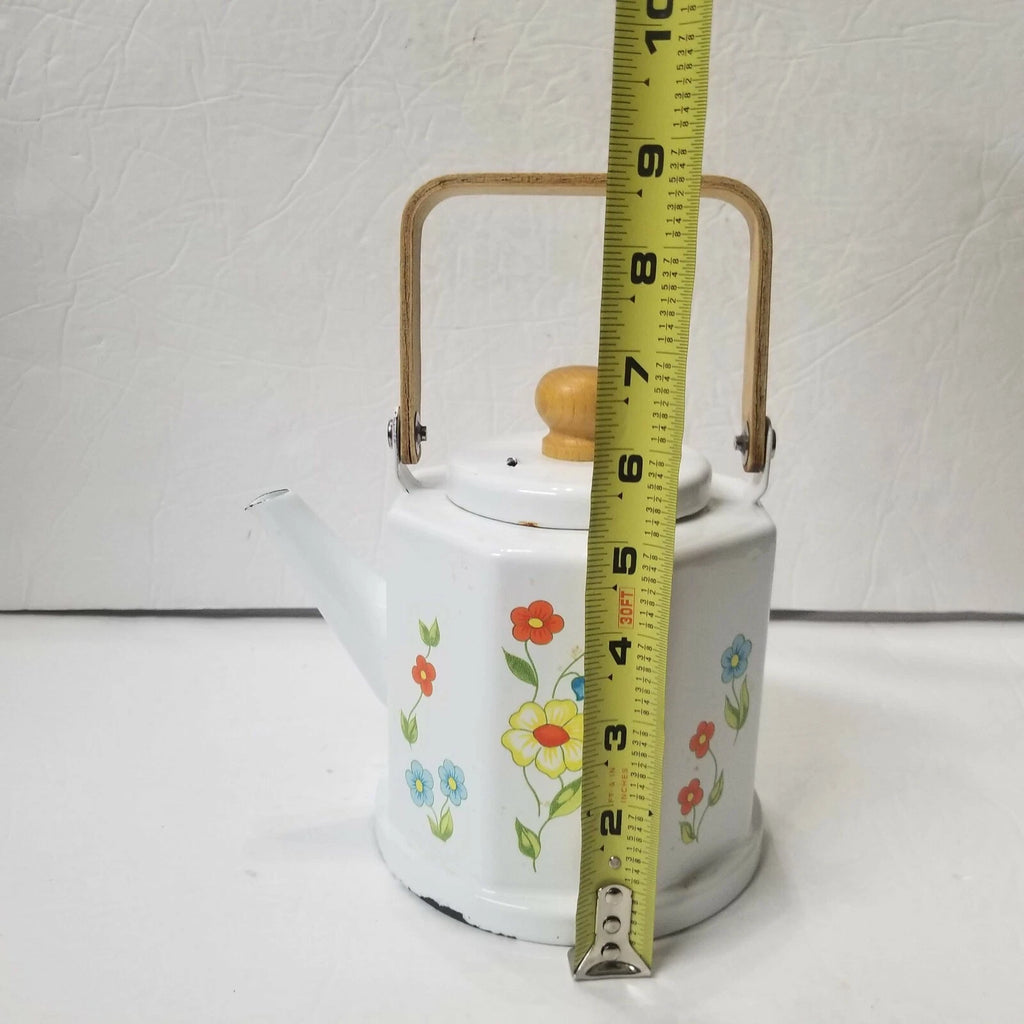 Enamel Floral White Teapot Bamboo Handle CRAFTS DAMAGE Decorative Kettle Planter | eBay