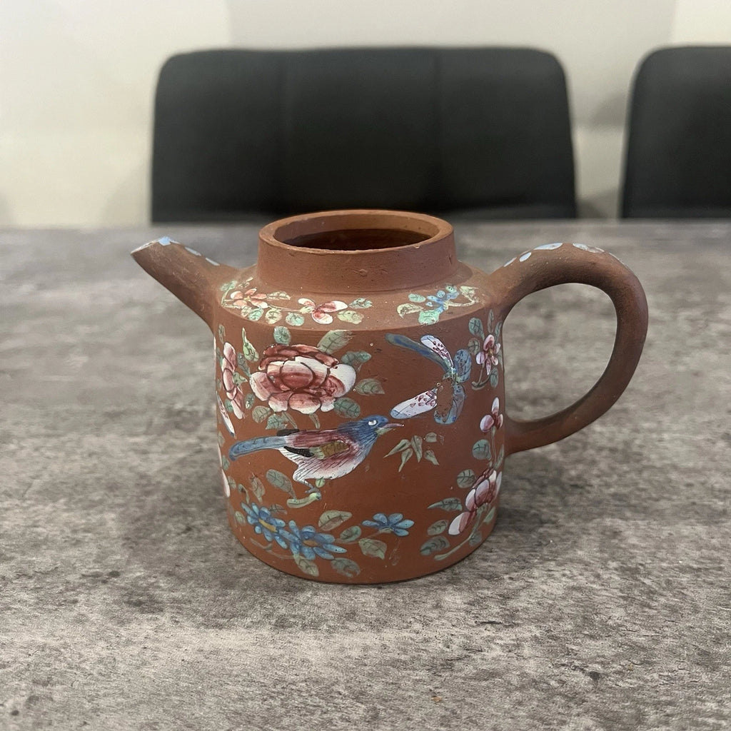 Chinese Yixing Zisha Redware Teapot Hand Enamelled Birds Flowers Antique | eBay