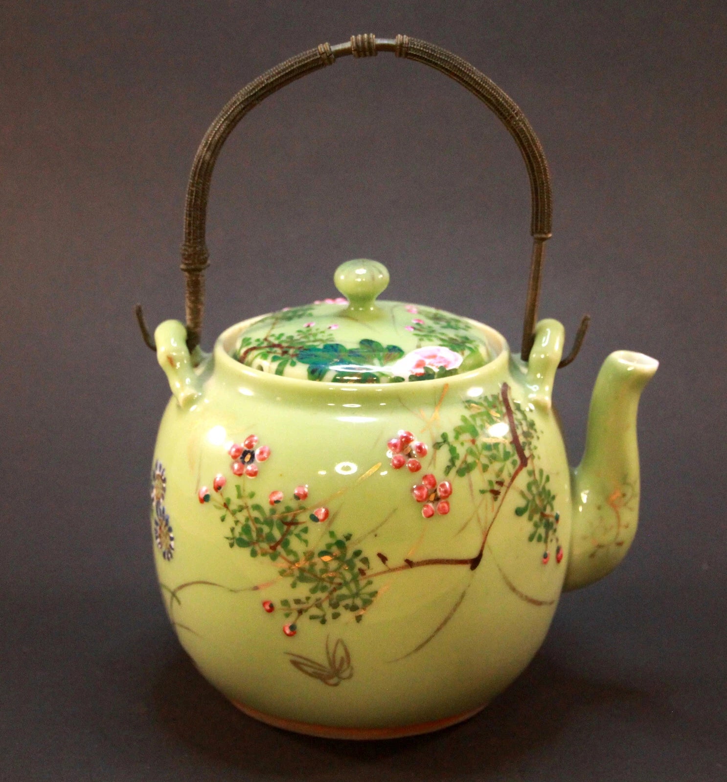 ANTIQUE JAPANESE SETO CELADON TEAPOT with HAND PAINTED ENAMEL FLOWERS MEIJI | eBay