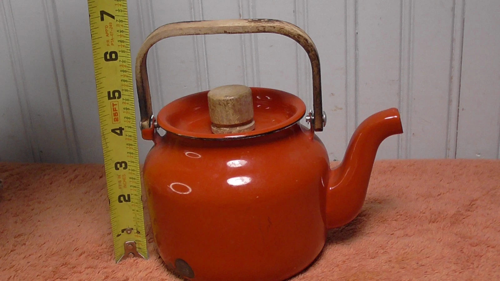 Vintage Enamel Teapot Tea Kettle MCM Teak Wood Handle reddish orange | eBay