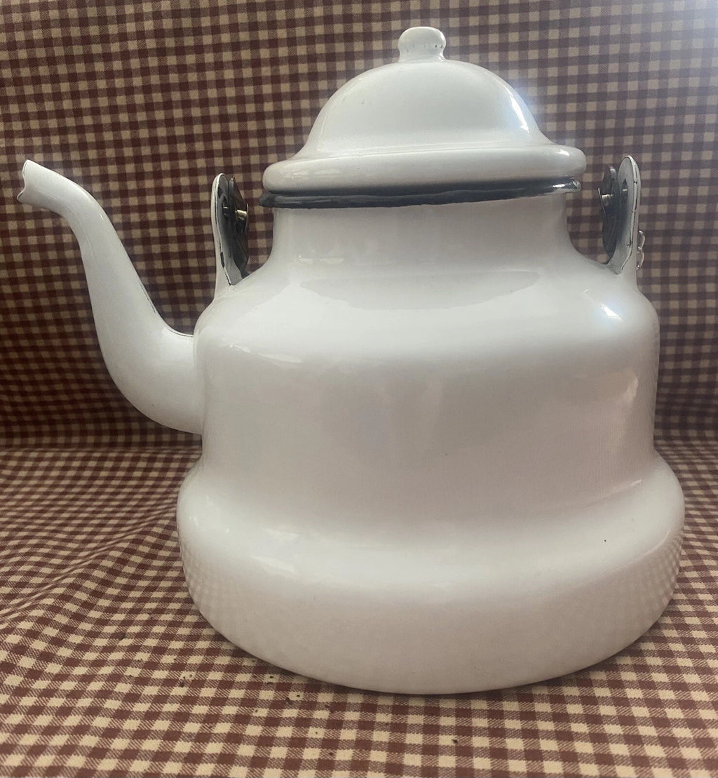 EMAILUL White w/black Enamel Gooseneck Farmhouse Teapot Kettle Made In Romania | eBay