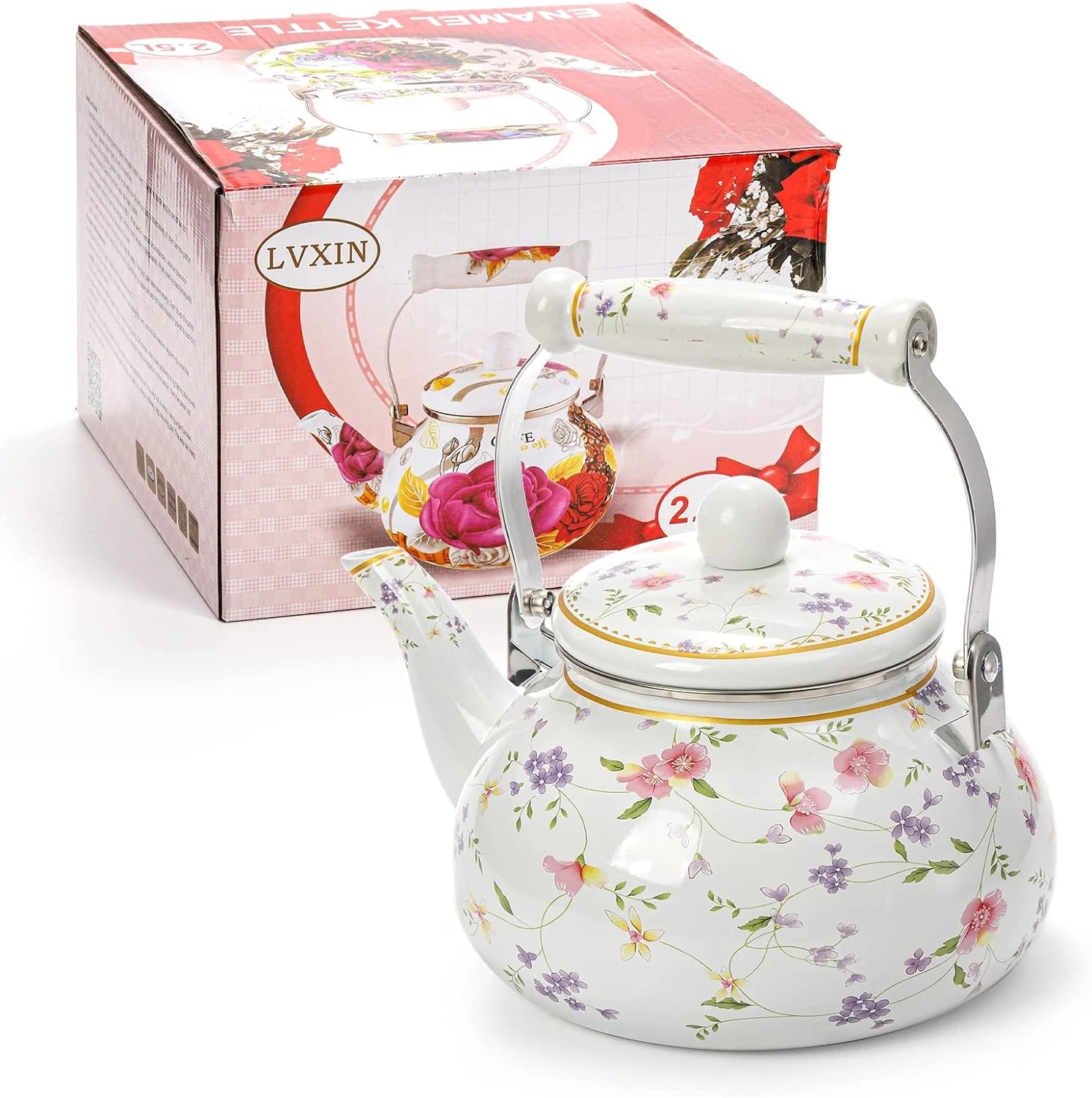 Vintage Enamel Tea Kettle 2.6 Quart Floral Enamel on Steel Water Teapot Porcelai | eBay