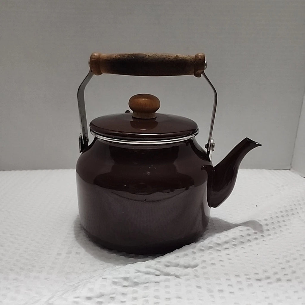 Vintage Small Brown Enamelware Tea Pot Kettle Wood Handle 6.5" x 4.75" | eBay