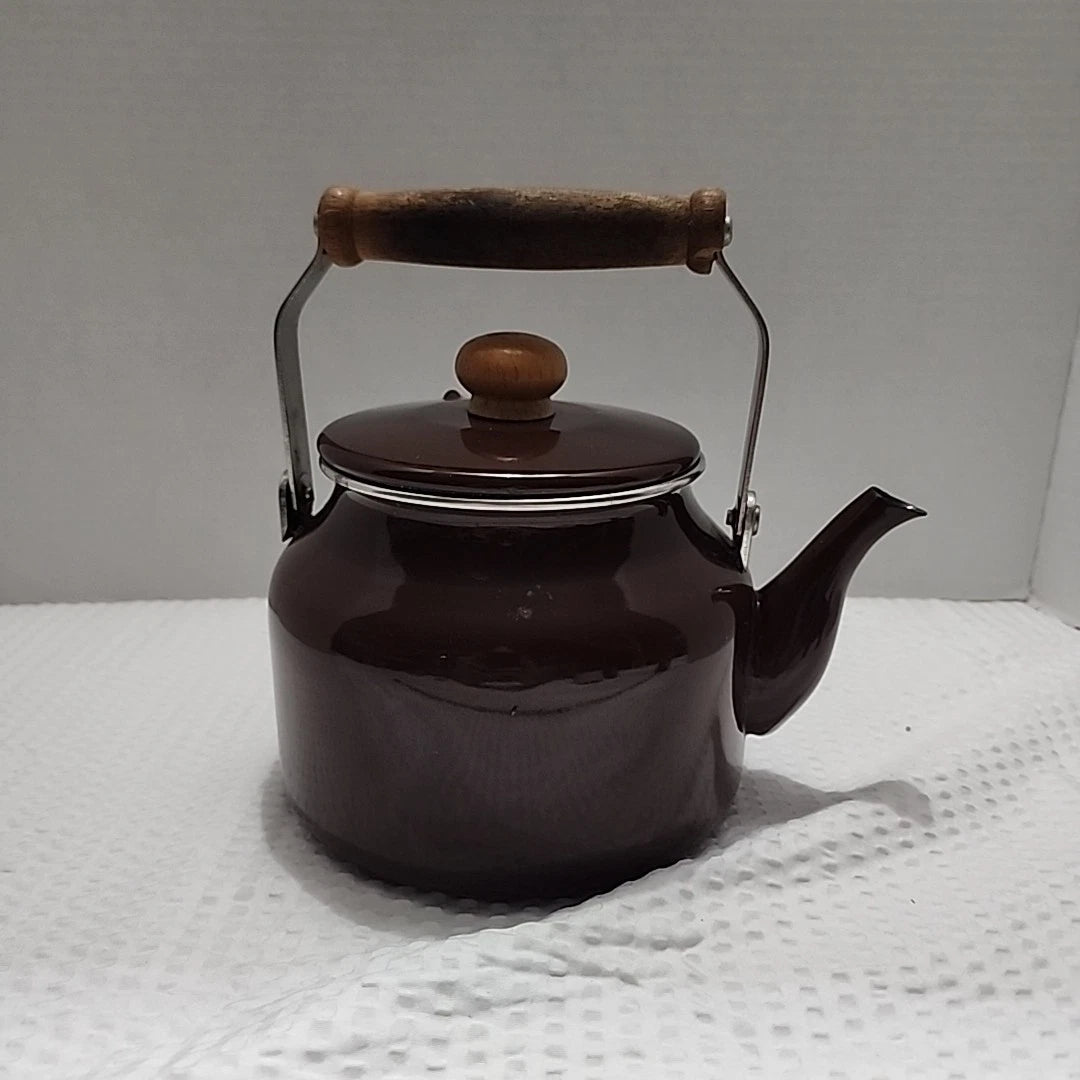 Vintage Small Brown Enamelware Tea Pot Kettle Wood Handle 6.5" x 4.75" | eBay