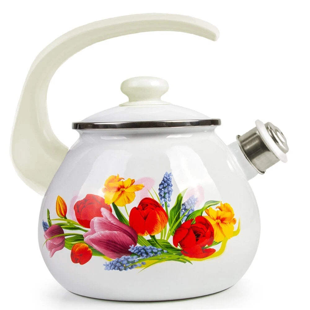 2.7 qt Novomoskovsk Tulip Enamel Kettle with Whistle Vintage Enameled Teapot | eBay