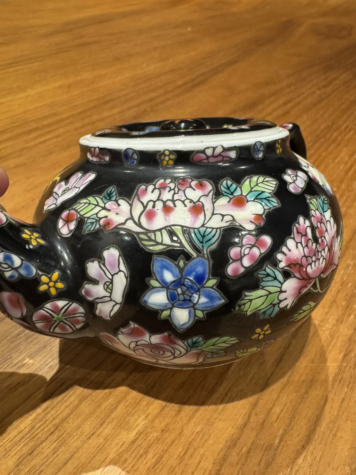 Chinese China Porcelain Tea Pot Hand Painted Floral Famille Noire Black Enamel | eBay