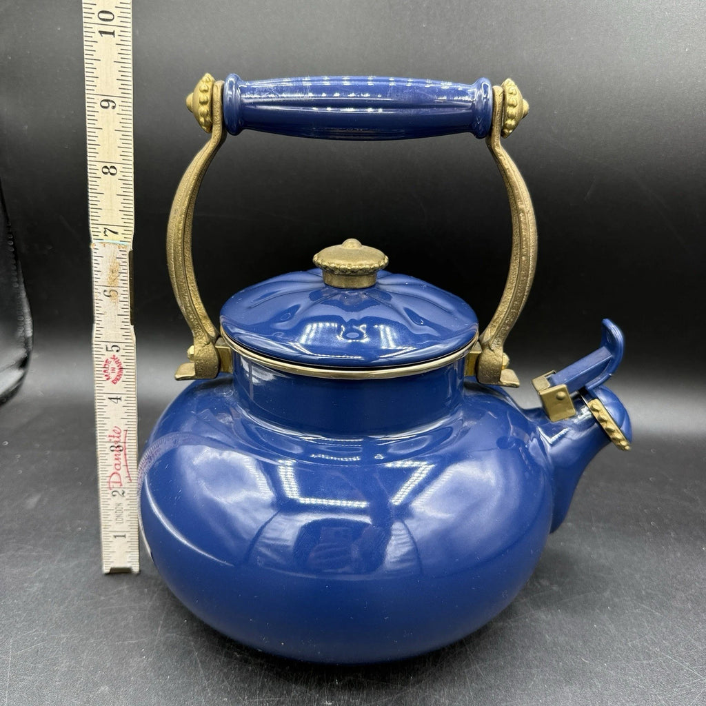 Vintage Ancona Blue Enamel Teapot Kettle with Brass Handle Accents 90s French | eBay