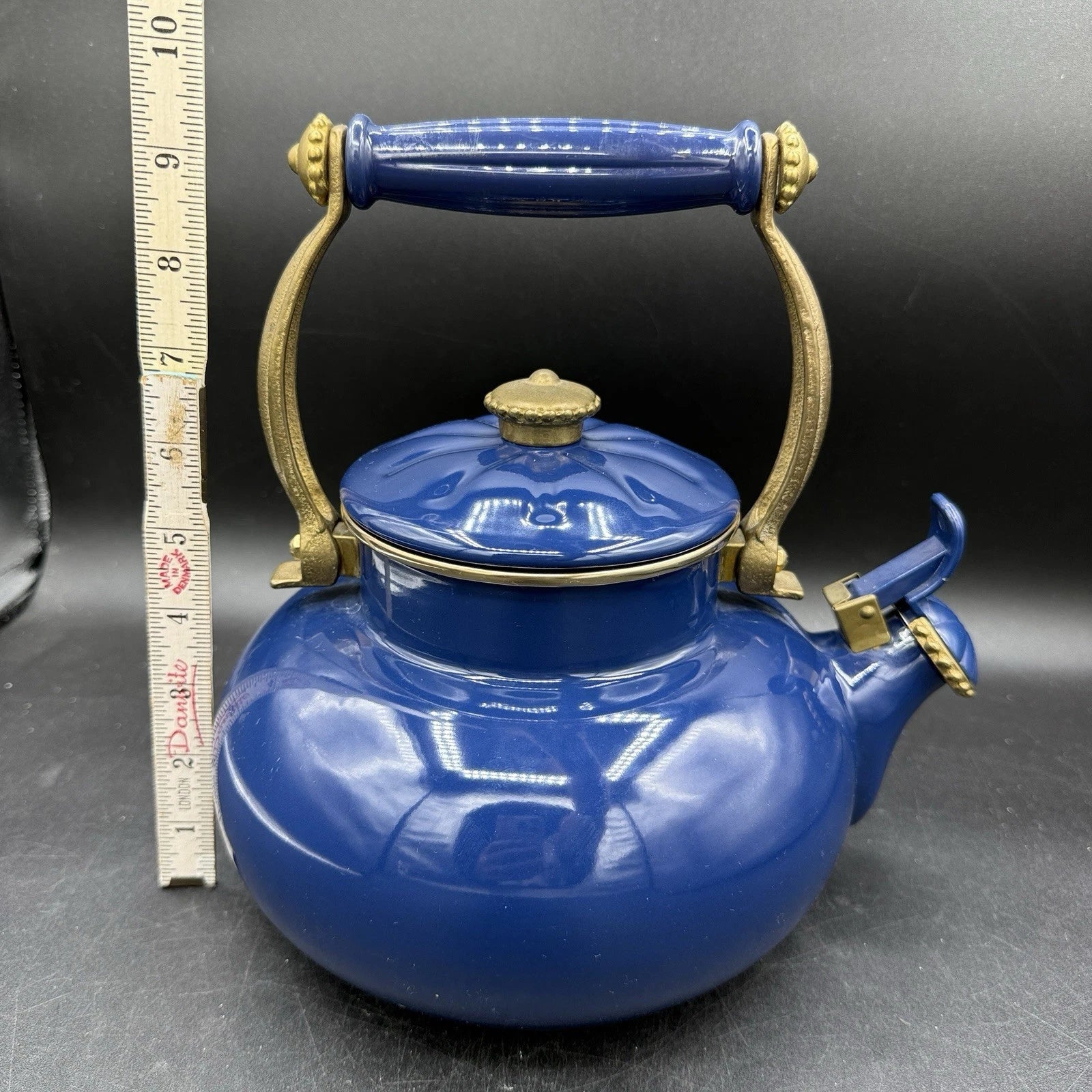 Vintage Ancona Blue Enamel Teapot Kettle with Brass Handle Accents 90s French | eBay