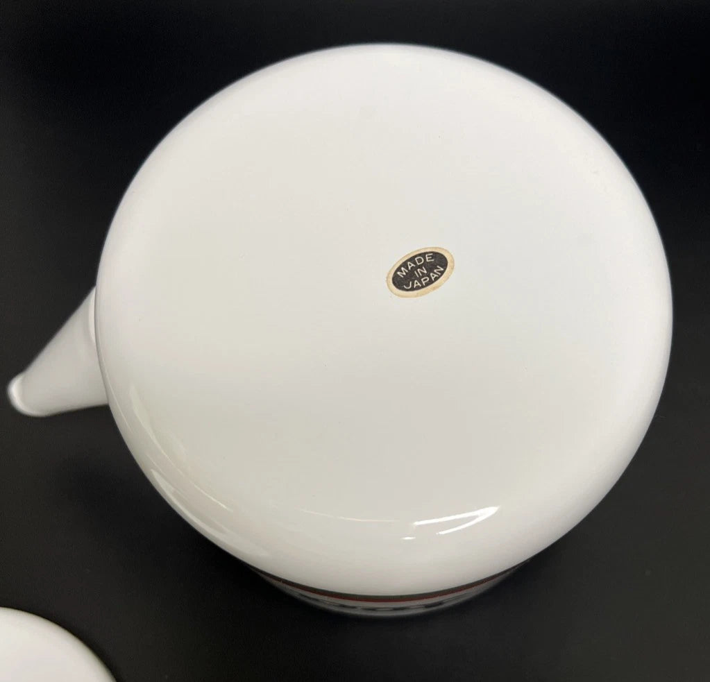 Vintage Japan White Enamel Teapot Kettle Red/Green Stripes Wooden Knob Handle | eBay