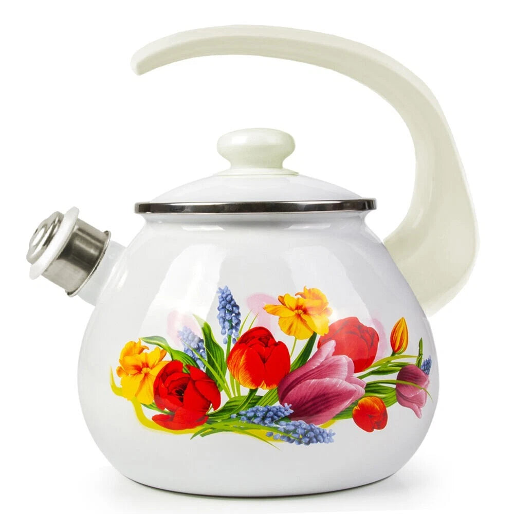 2.7 qt Novomoskovsk Tulip Enamel Kettle with Whistle Vintage Enameled Teapot | eBay