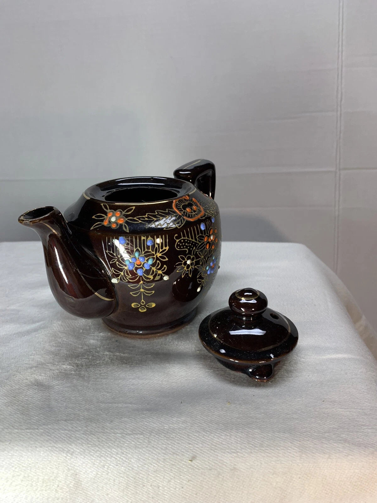 Vintage Japanese Redware Teapot Brown Enamel Hand Painted Art Deco | eBay