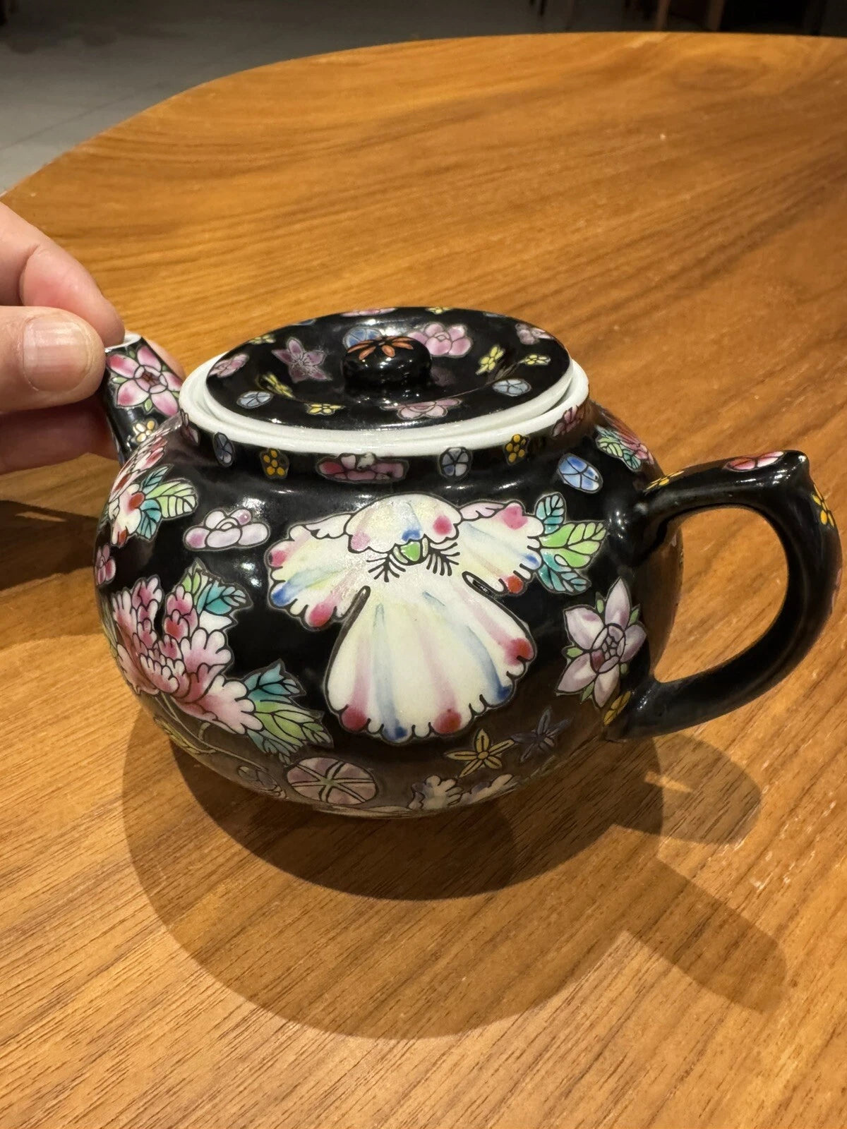 Chinese China Porcelain Tea Pot Hand Painted Floral Famille Noire Black Enamel | eBay