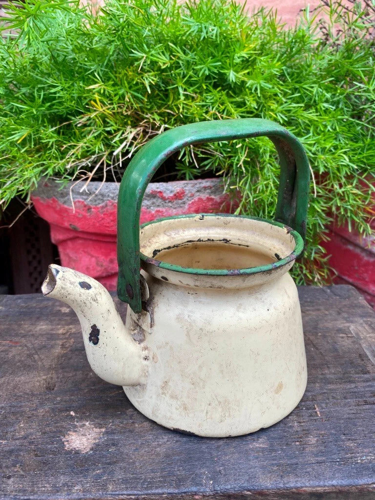 Antique Old Cream Gree Rustic Enamel Porcelain Teapot Tea Kettle | eBay