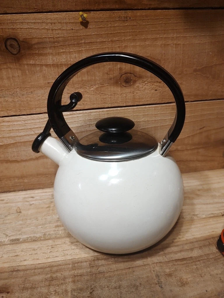 Enamel Teapot Kettle, Beige Black Handle Silver Lid | eBay