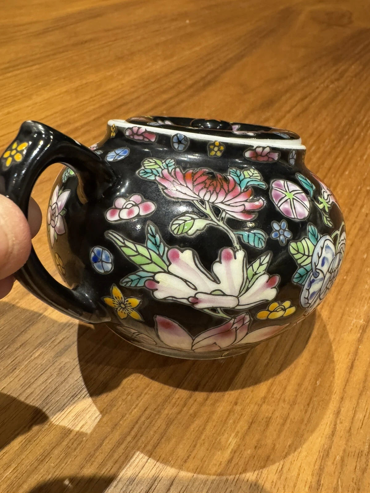 Chinese China Porcelain Tea Pot Hand Painted Floral Famille Noire Black Enamel | eBay