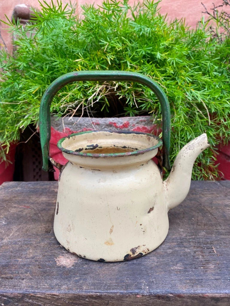 Antique Old Cream Gree Rustic Enamel Porcelain Teapot Tea Kettle | eBay