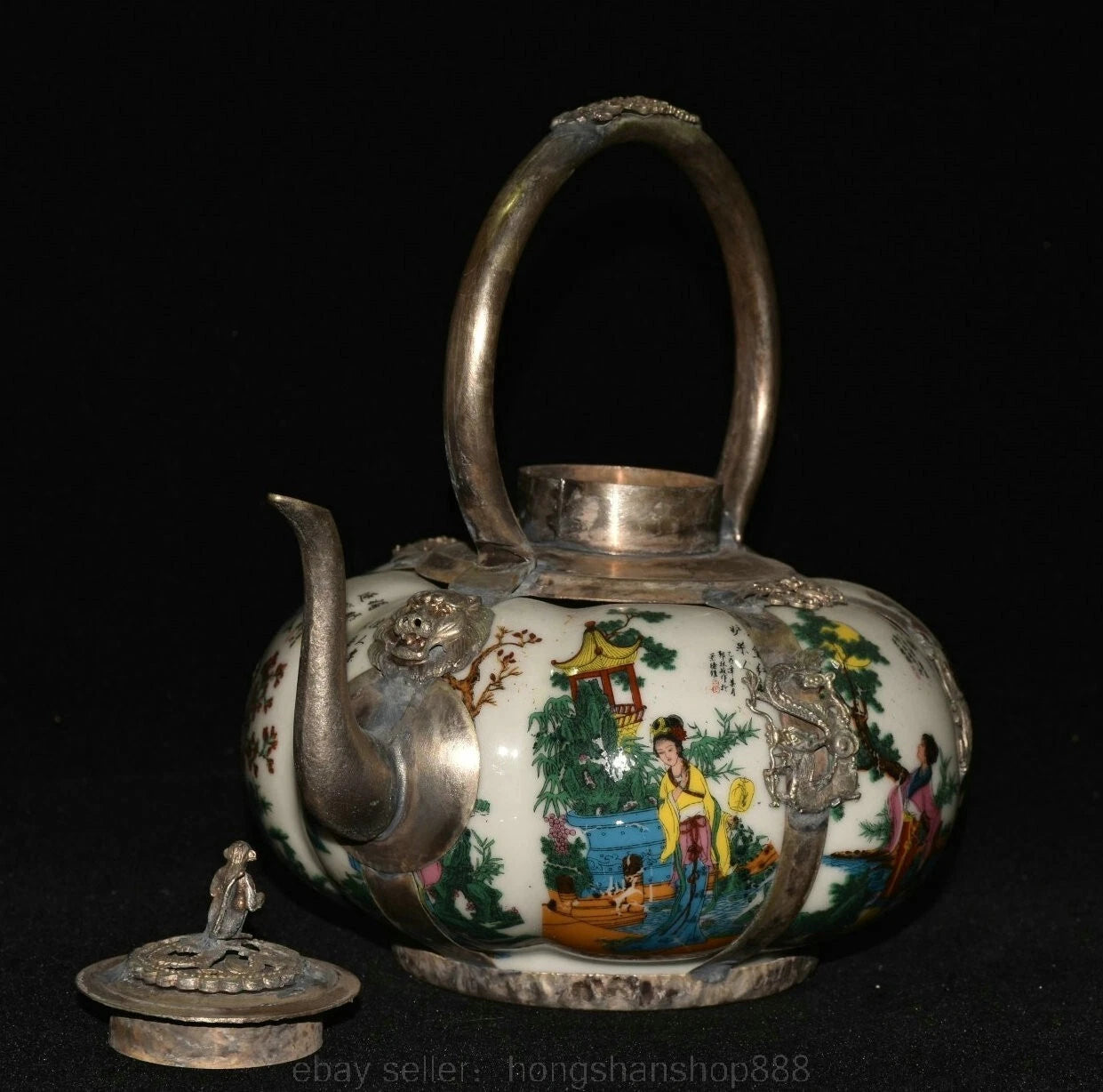 6.8" Old Chinese Silver Enamel Porcelain Beauty Belle Portable Kettle Teapot | eBay