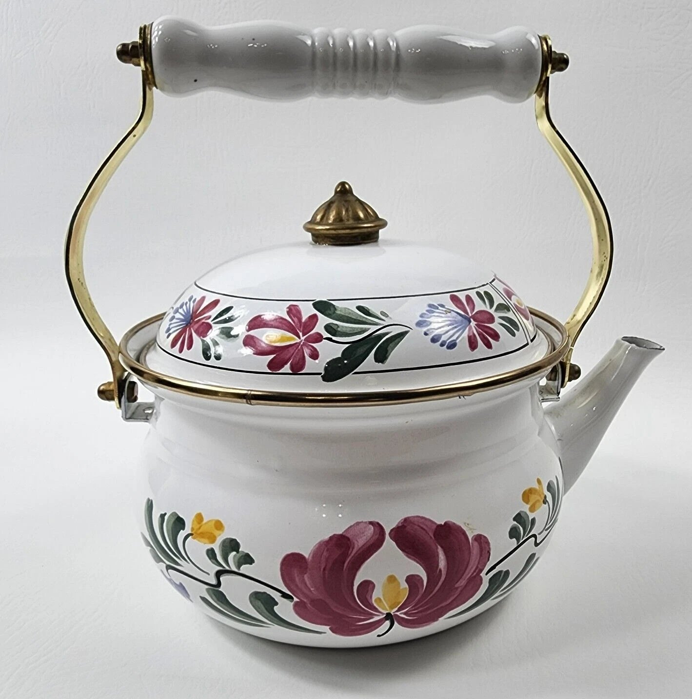 Enamel Tea Kettle Pot Metal Pennsylvania Dutch Floral Brass Knob Ceramic Handle | eBay