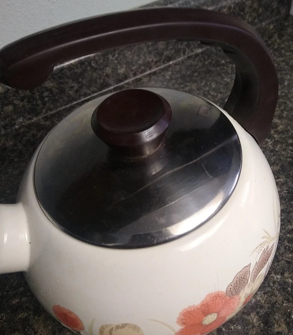 Vintage 70's MCM Floral Porcelain Enamel Steel Kettle Tea Pot-LOOK | eBay