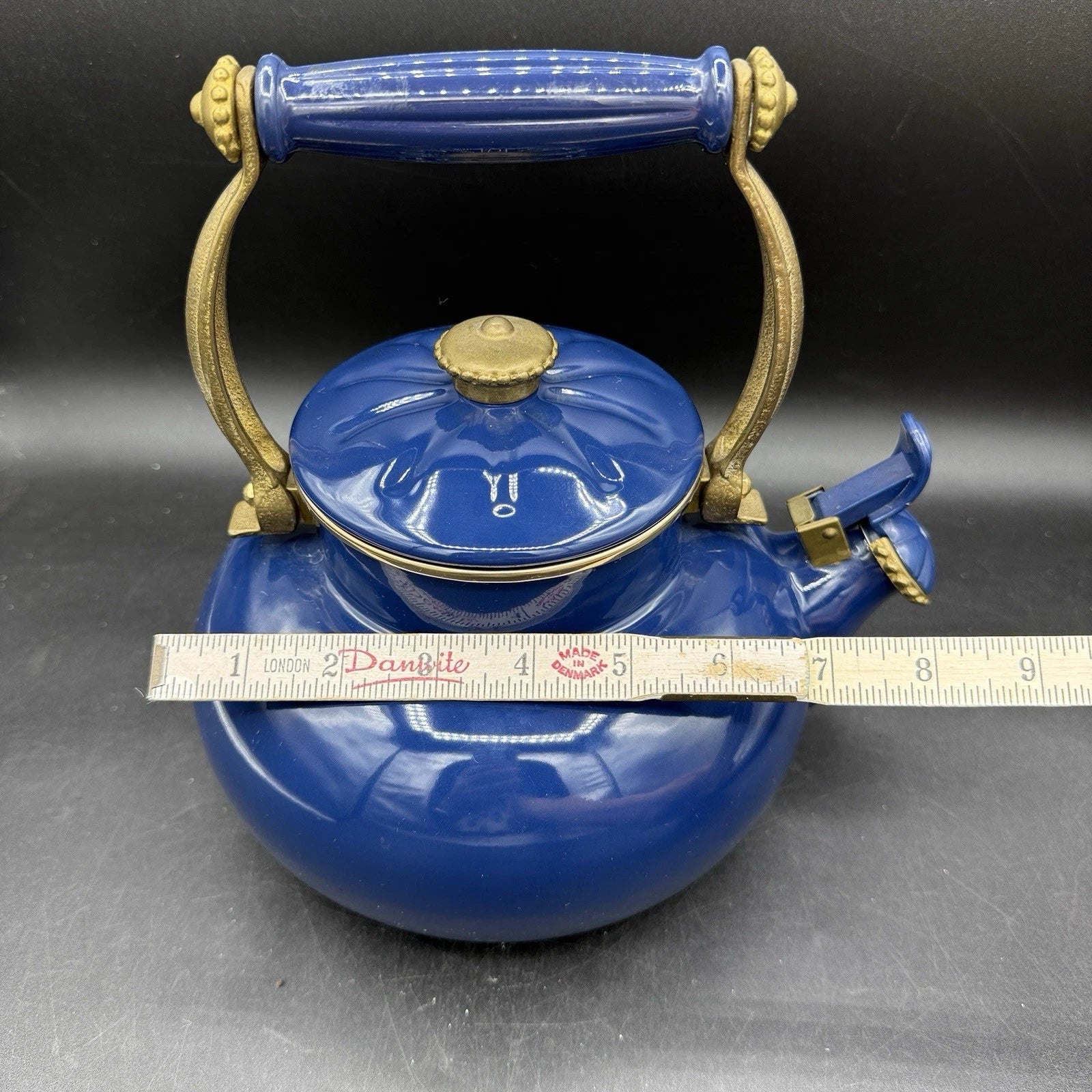 Vintage Ancona Blue Enamel Teapot Kettle with Brass Handle Accents 90s French | eBay