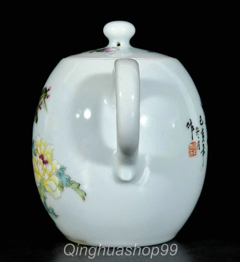 7.4" Old Chinese Marked Enamel Porcelain Flower Birds Words Pattern Tea Pot | eBay