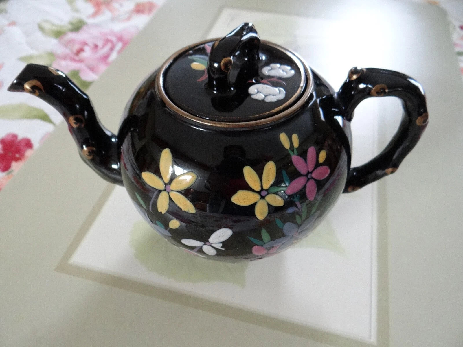 Vintage Black Tea Pot Hand Painted Enameled Flowers England Red Clay | eBay