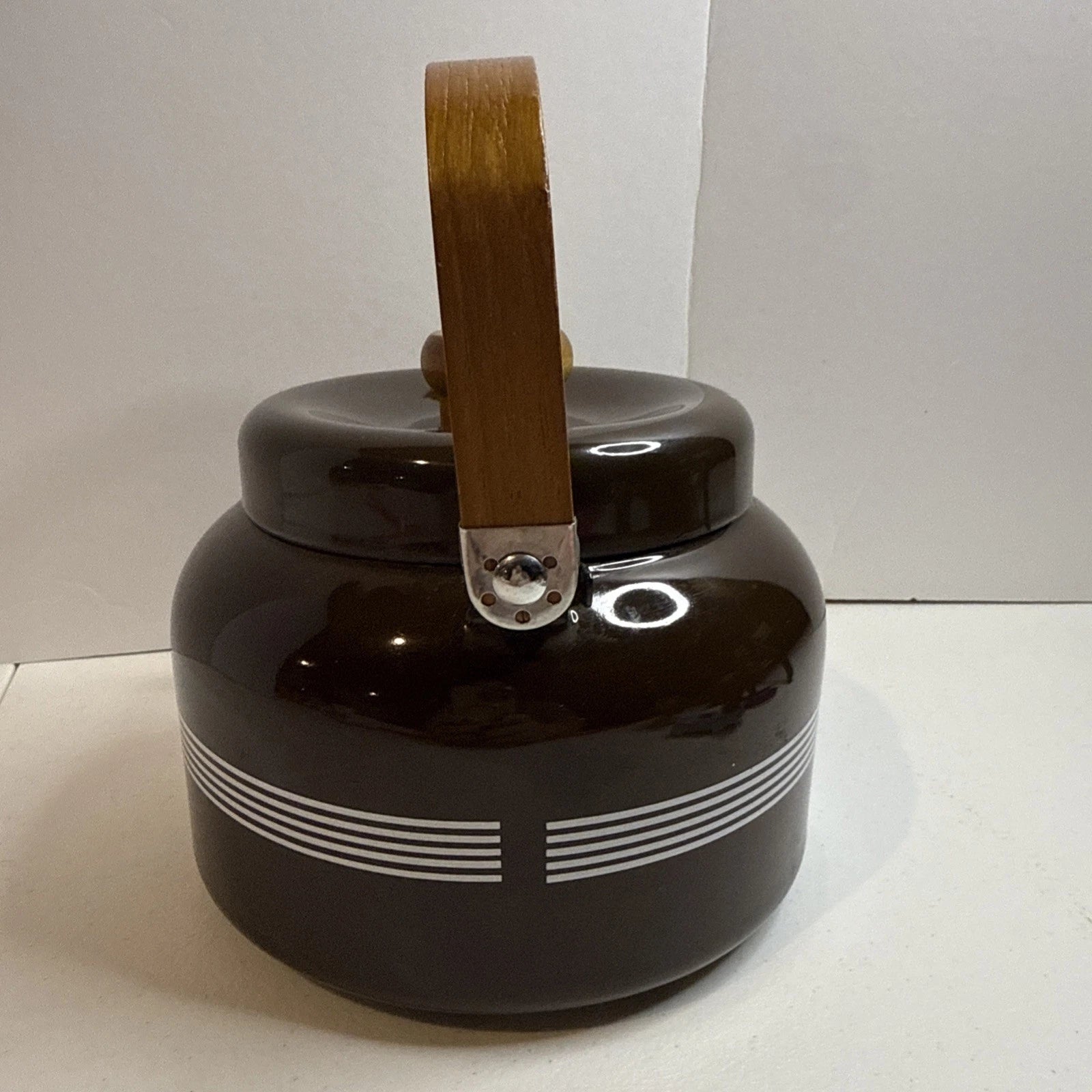 Mcm Tea Pot Brown Enamel Wood Handle Pin Stripe Very Nice Kettle | eBay