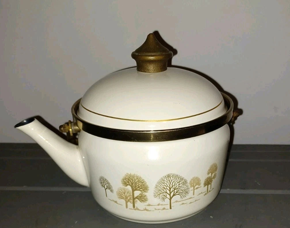 Vintage Asta Tea Kettle Pot mcm WEST German Enamel Ware trees Pattern | eBay