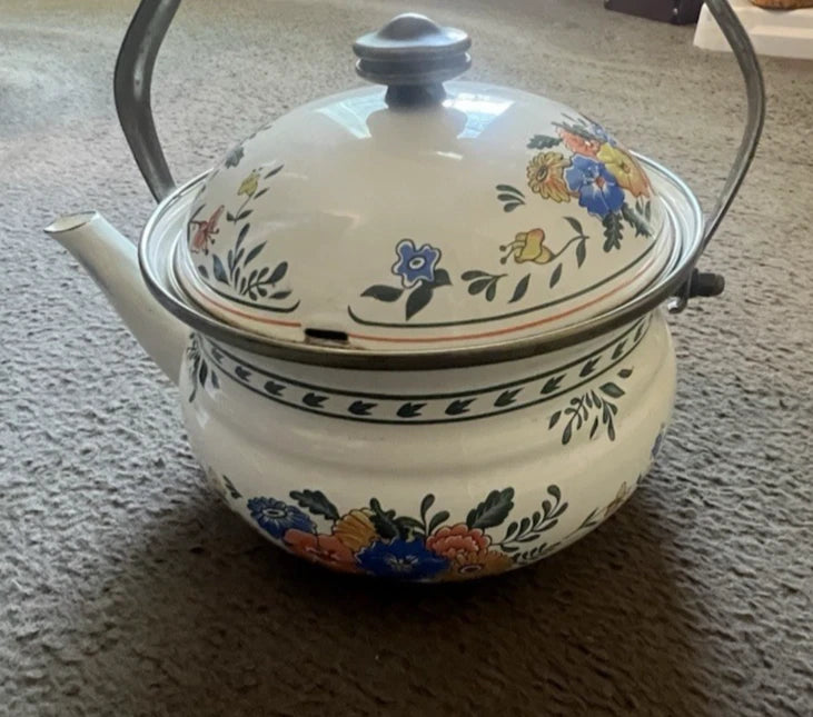 VTG M. KAMENSTEIN ENAMEL FLORAL TEAPOT/KETTLE W BRASS & WOOD HANDLE | eBay