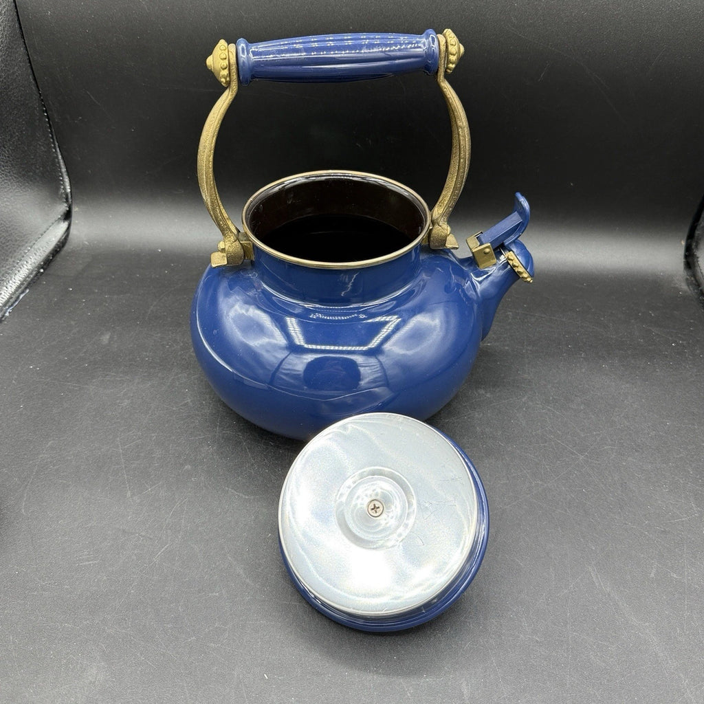 Vintage Ancona Blue Enamel Teapot Kettle with Brass Handle Accents 90s French | eBay