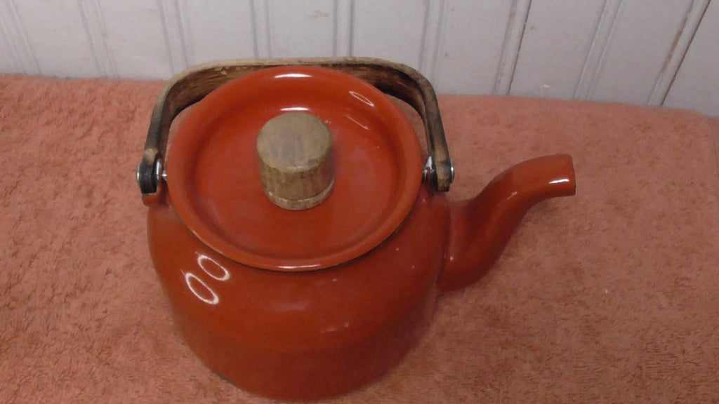 Vintage Enamel Teapot Tea Kettle MCM Teak Wood Handle reddish orange | eBay