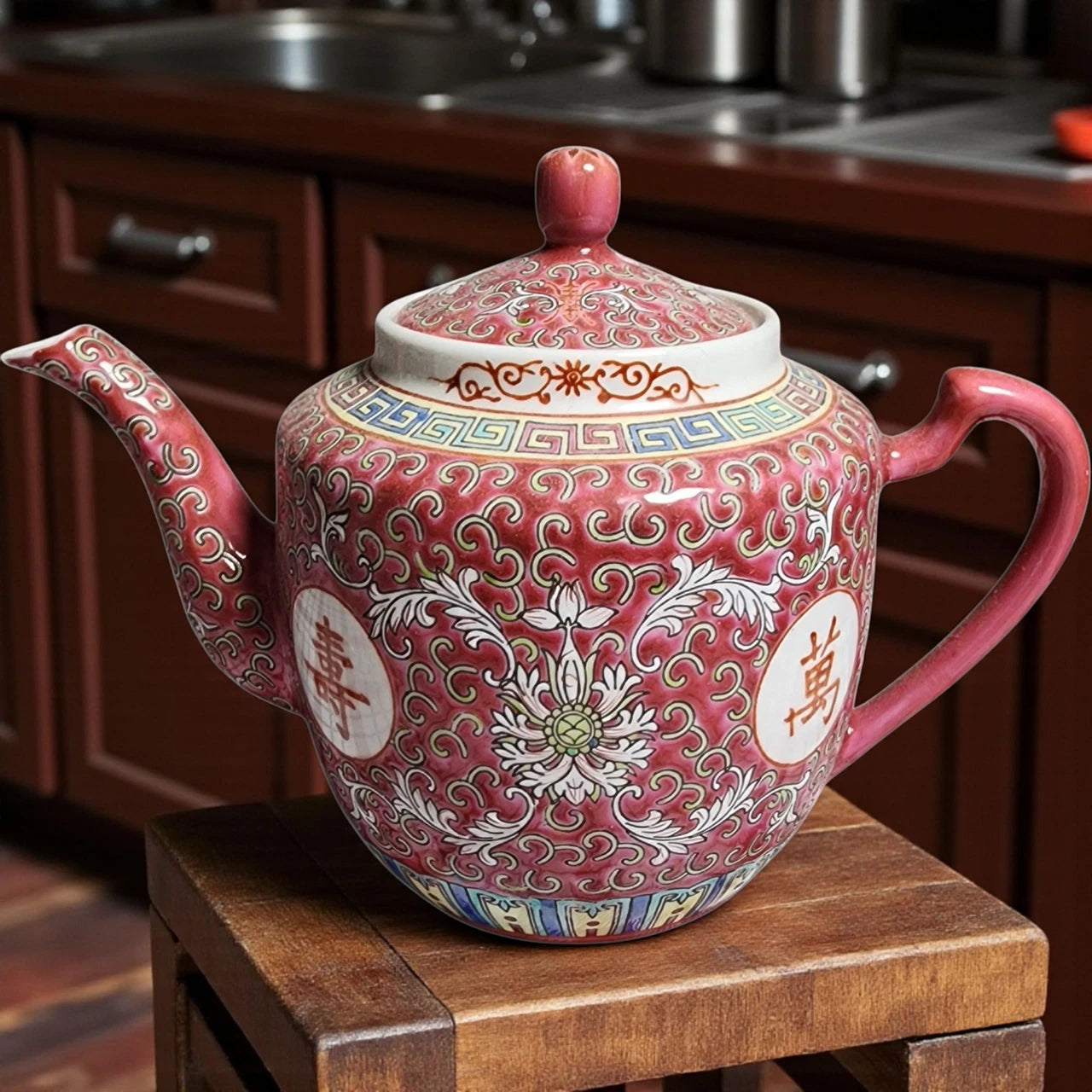 Vintage Chinese Porcelain Teapot Red & White Longevity Symbols Floral Lotus Desi | eBay