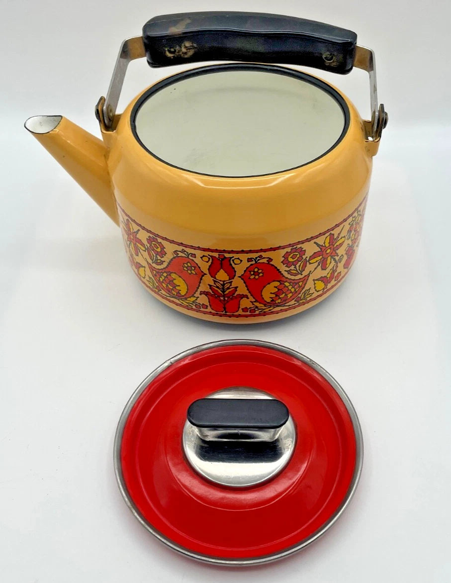 Vintage Fancipans Enamelware Teapot Orange Yellow Birds Flowers RARE | eBay
