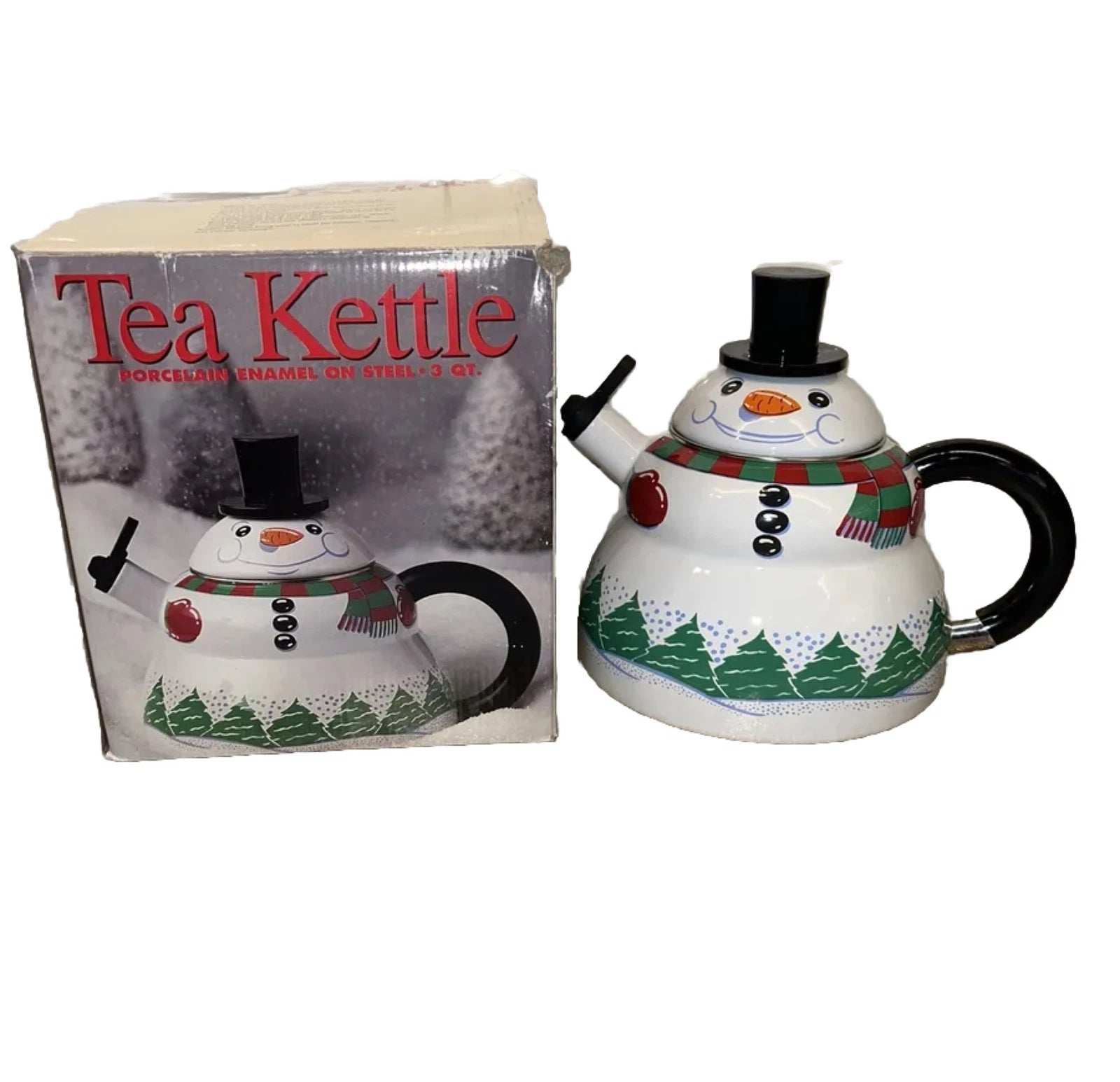 Snowman Teapot Kettle 3 QT Porcelain Enamel On Steel Vintage Roshco Christmas | eBay