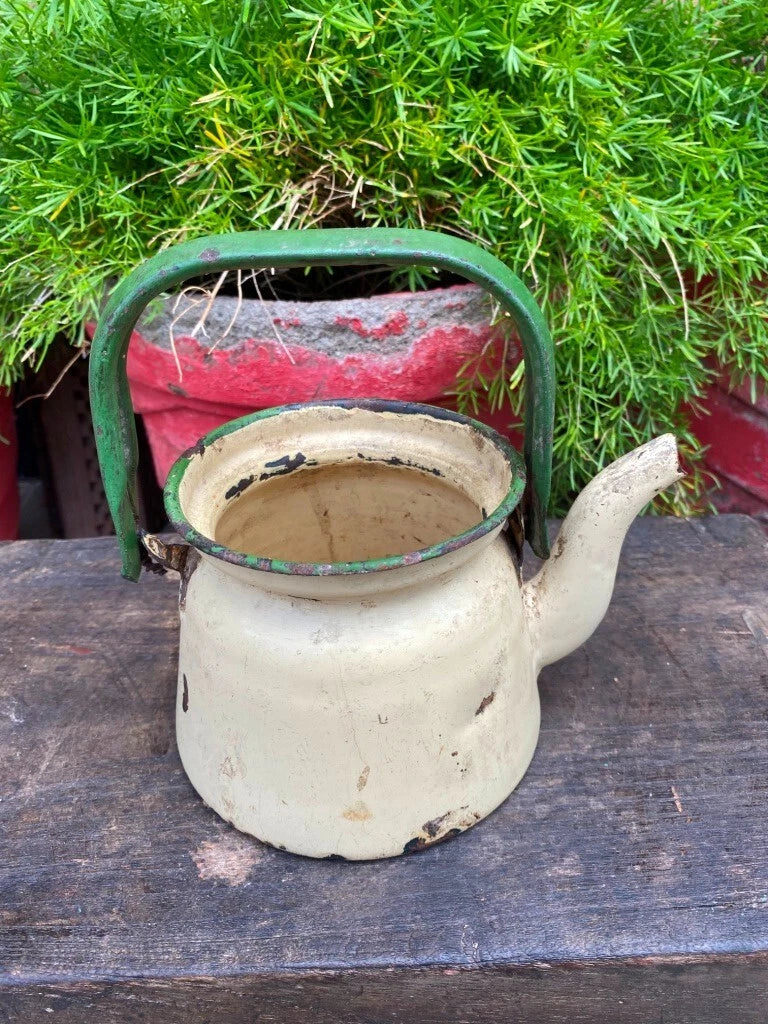 Antique Old Cream Gree Rustic Enamel Porcelain Teapot Tea Kettle | eBay