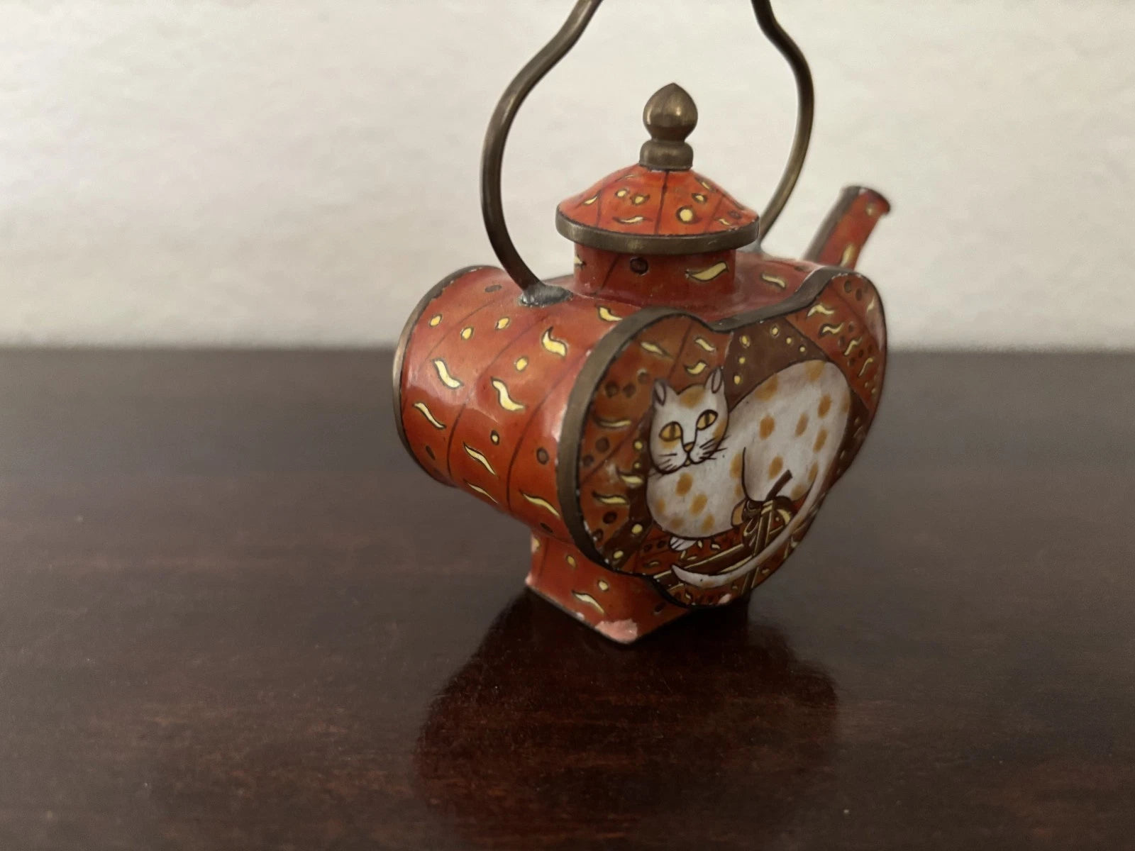 Miniature Enamel Teapot White Cat on Red Background | eBay
