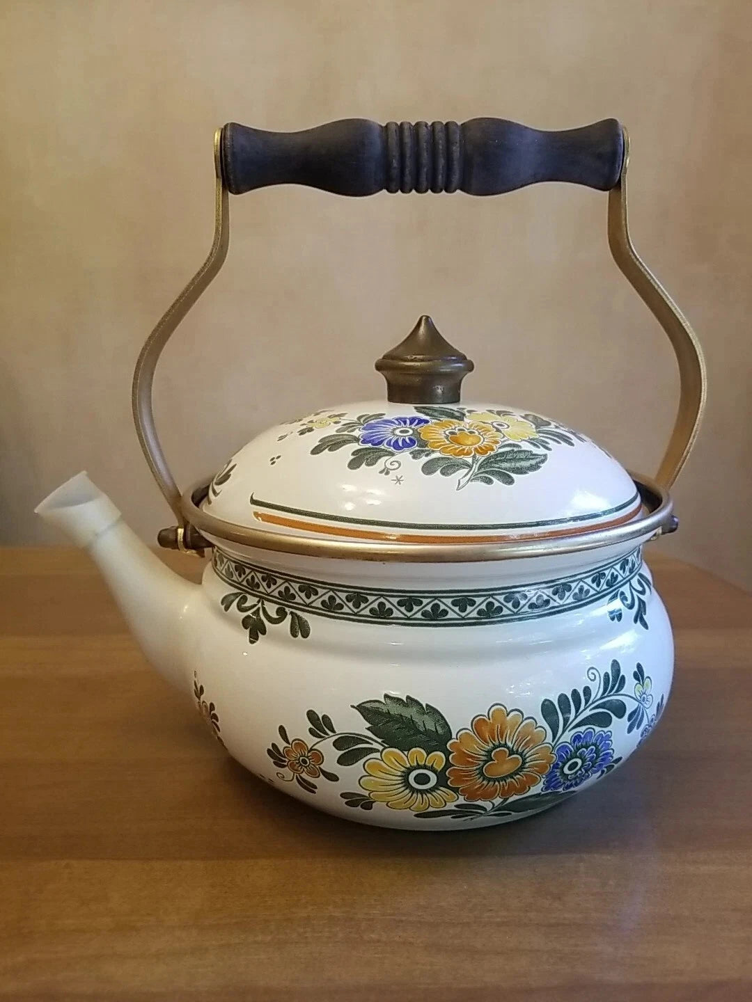 ASTA Enamelware Tea Kettle Teapot Brass Handles Floral Vintage UNUSED Germany | eBay