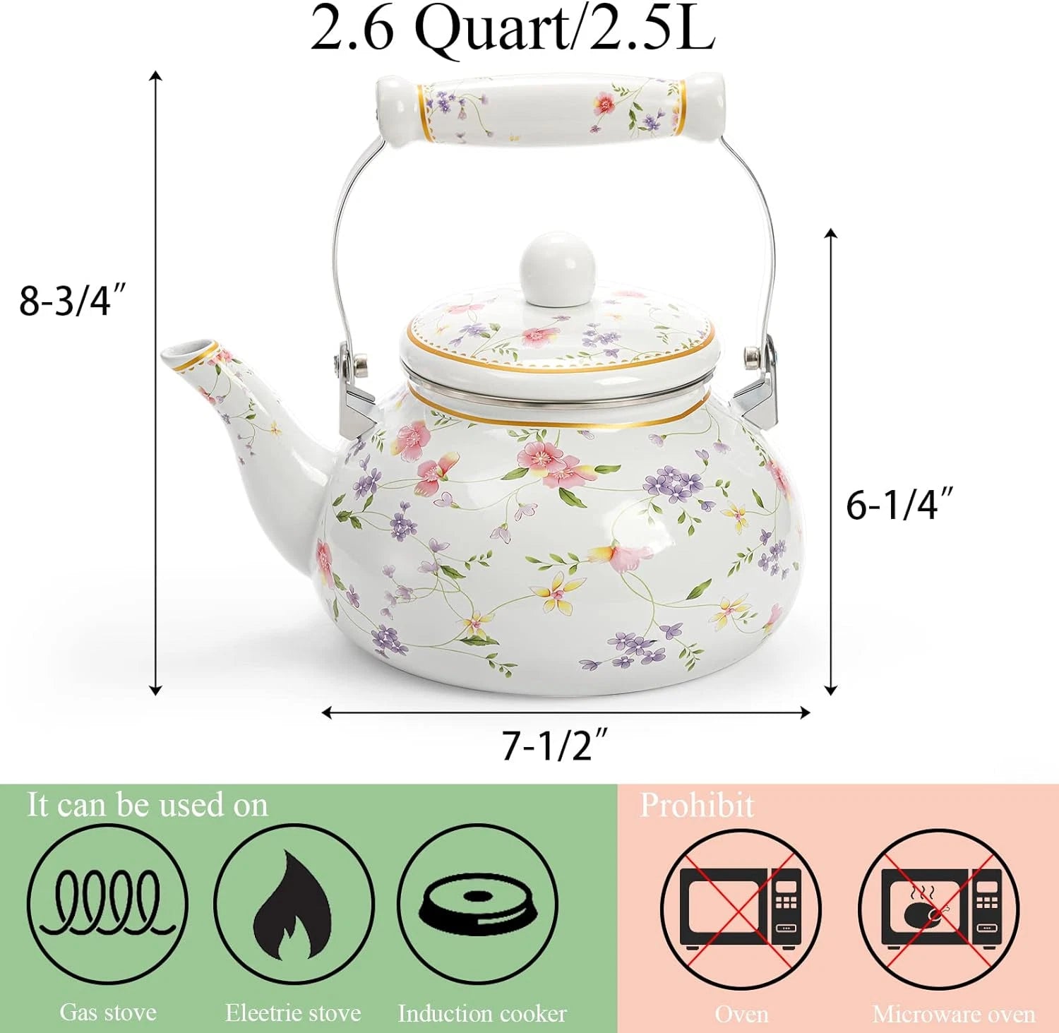 Vintage Enamel Tea Kettle 2.6 Quart Floral Enamel on Steel Water Teapot Porcelai | eBay