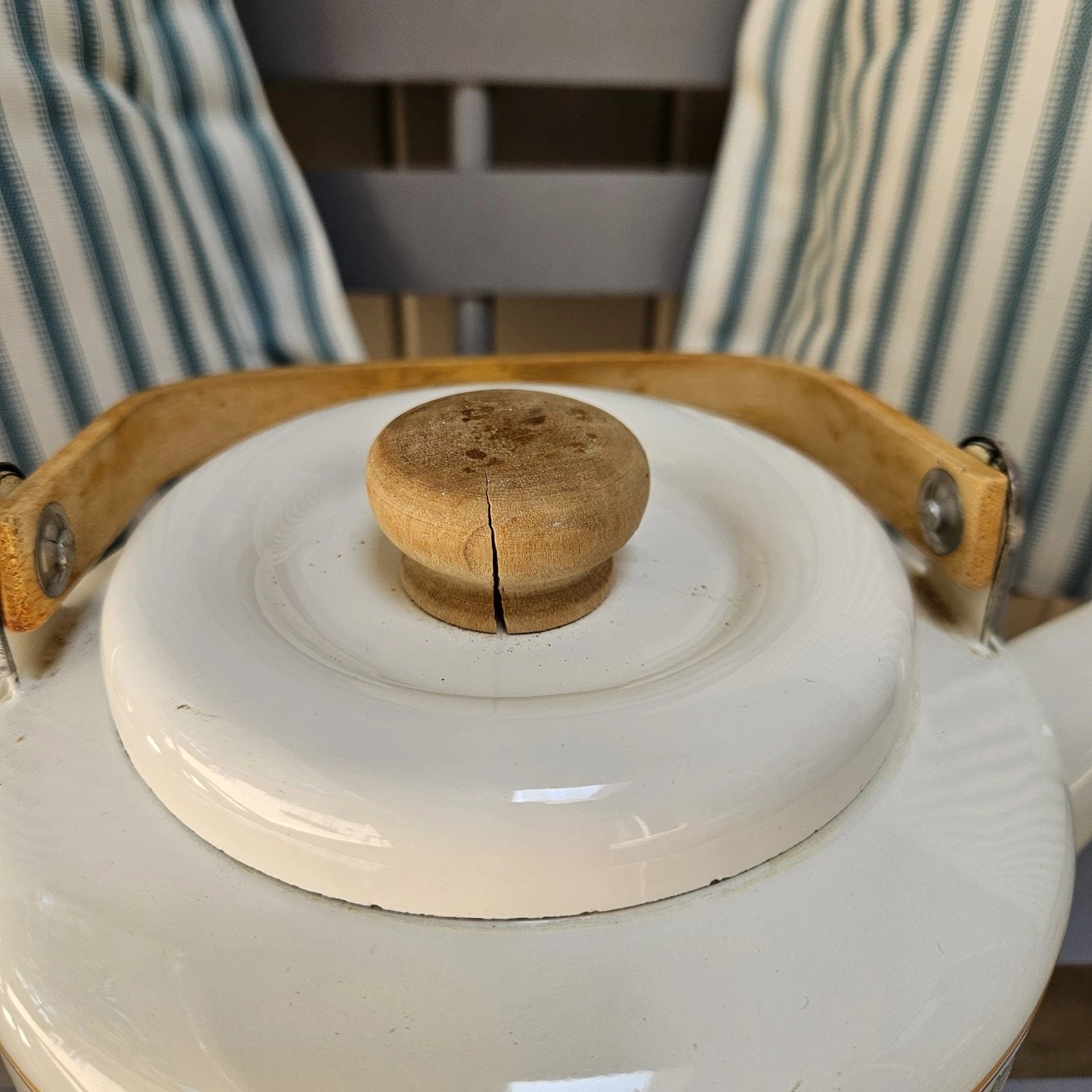 Vintage MCM Enamel Tea Kettle Teapot Bamboo Handle Fruit Print Cream Color NICE! | eBay