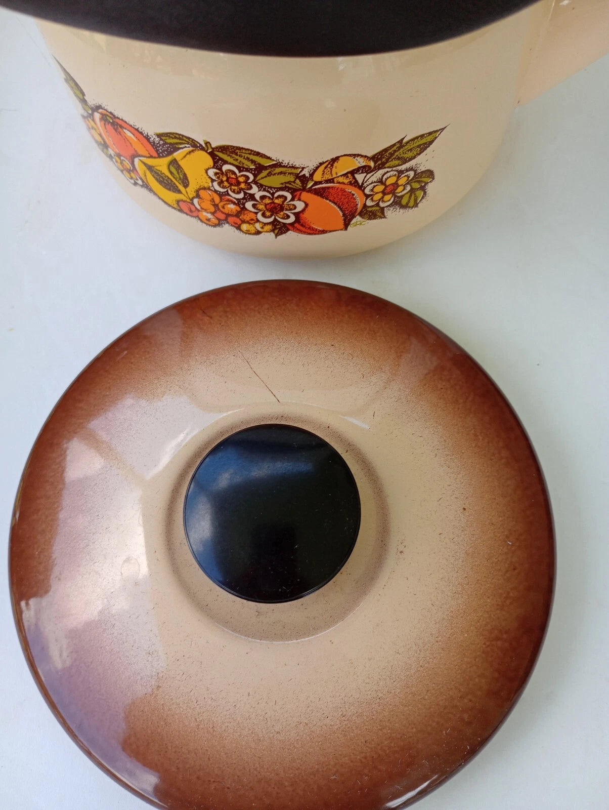 Vintage Enamel Tea Pot Fruits Mushroom Handle Retro 1970s New Condition | eBay
