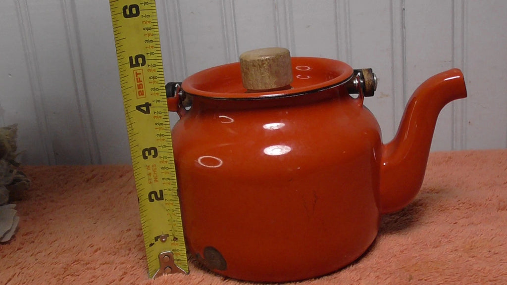 Vintage Enamel Teapot Tea Kettle MCM Teak Wood Handle reddish orange | eBay