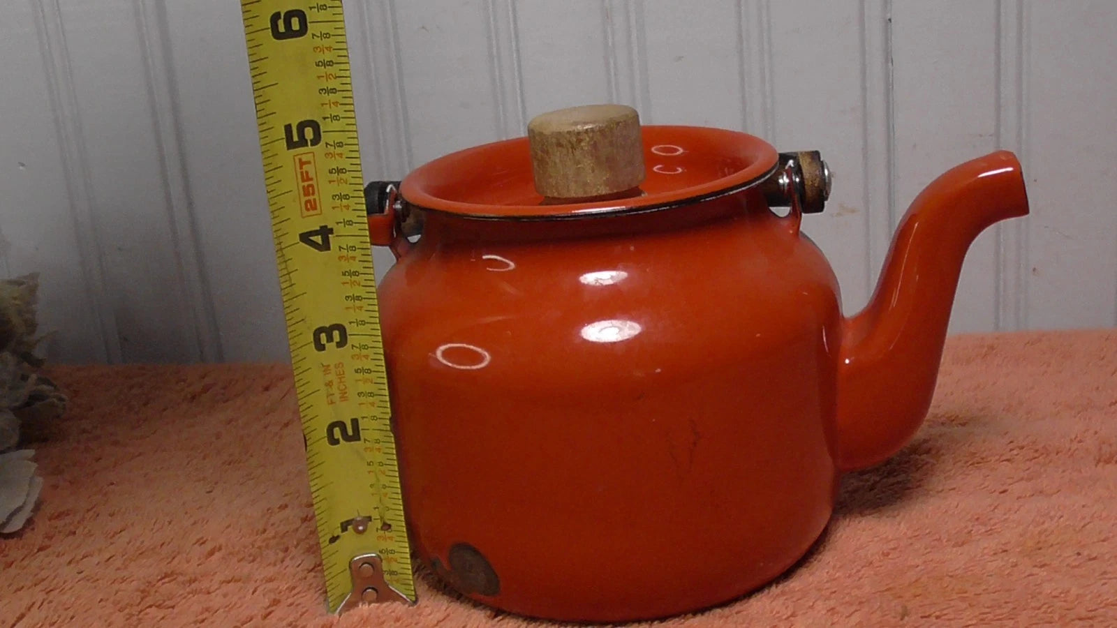 Vintage Enamel Teapot Tea Kettle MCM Teak Wood Handle reddish orange | eBay