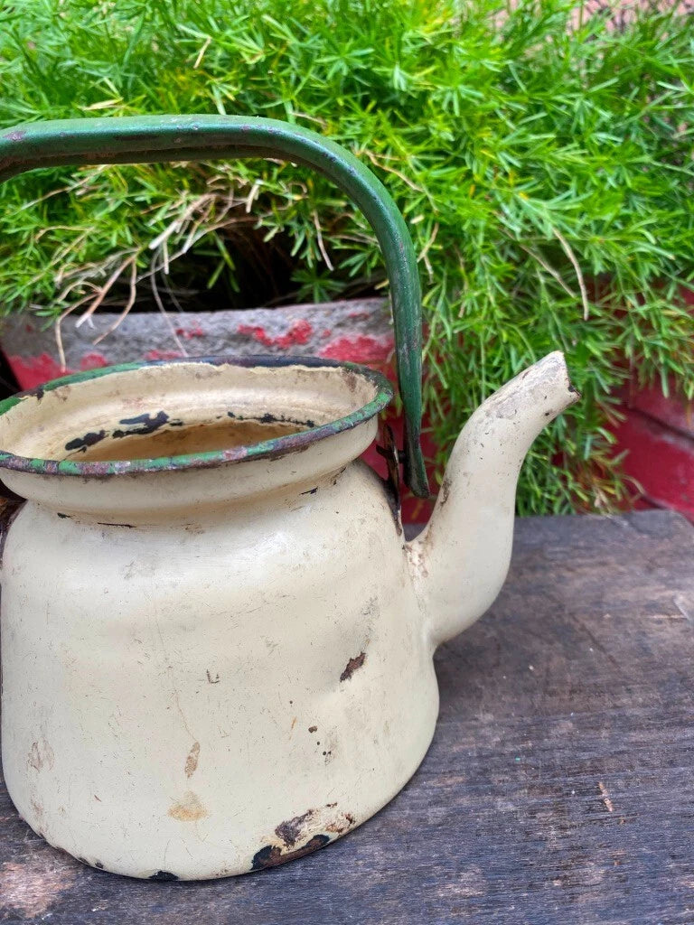Antique Old Cream Gree Rustic Enamel Porcelain Teapot Tea Kettle | eBay