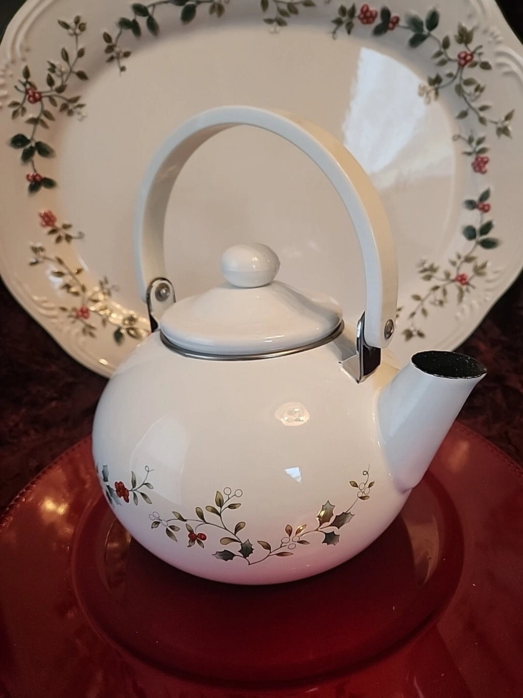 Pfaltzgraff Winterberry 2qt Teapot Kettle Porcelain Enamel on Metal Holly Berry | eBay