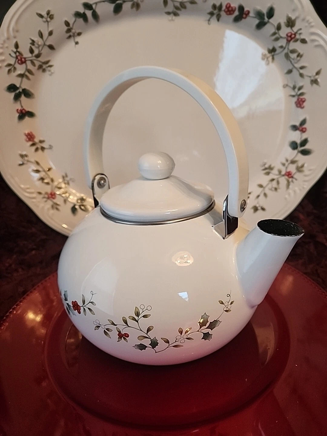 Pfaltzgraff Winterberry 2qt Teapot Kettle Porcelain Enamel on Metal Holly Berry | eBay