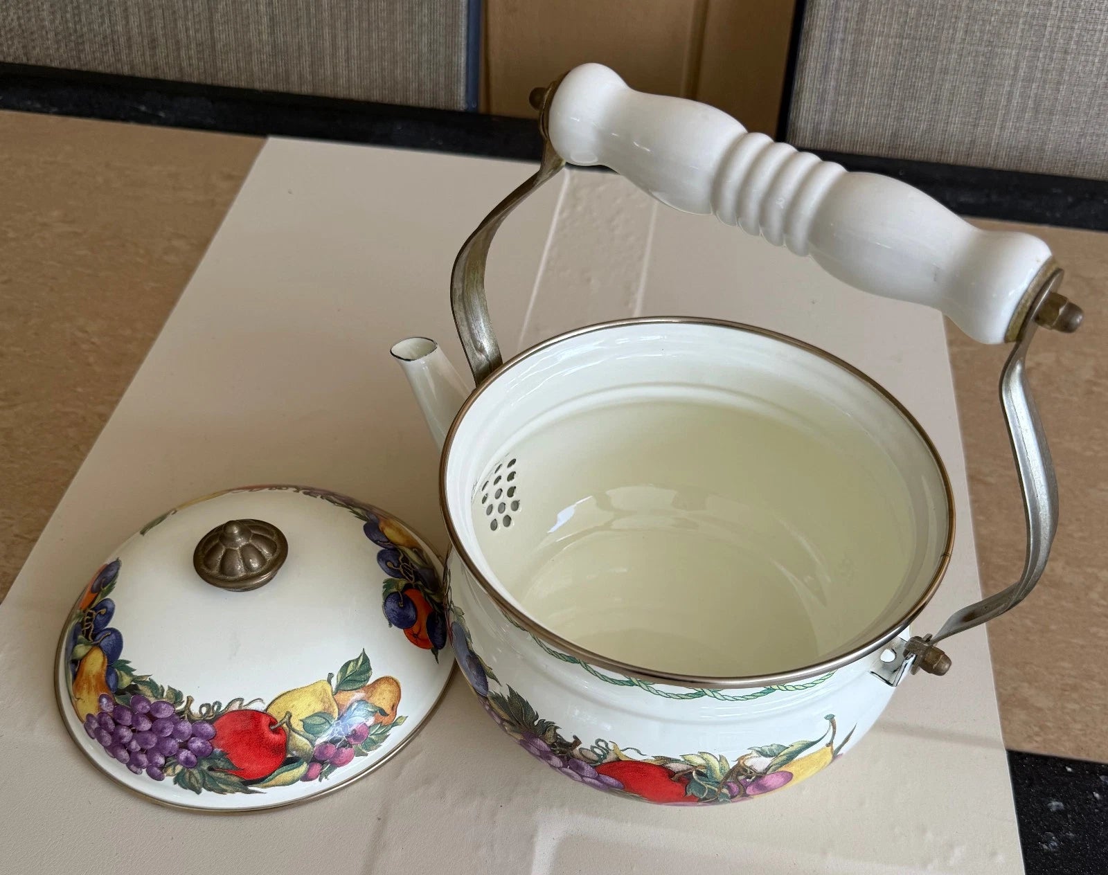 CORNUCOPIA DECORATIVE ENAMEL COATED TEA POT FRUIT DESIGN BRASS & CERAMIC HANDLE | eBay