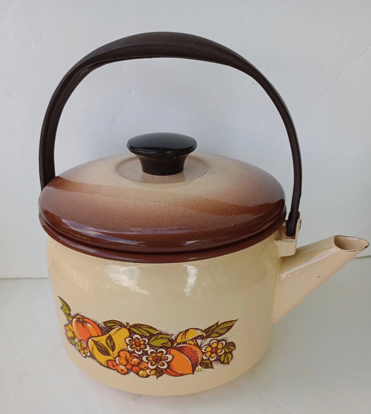 Vintage Enamel Tea Pot Fruits Mushroom Handle Retro 1970s New Condition | eBay