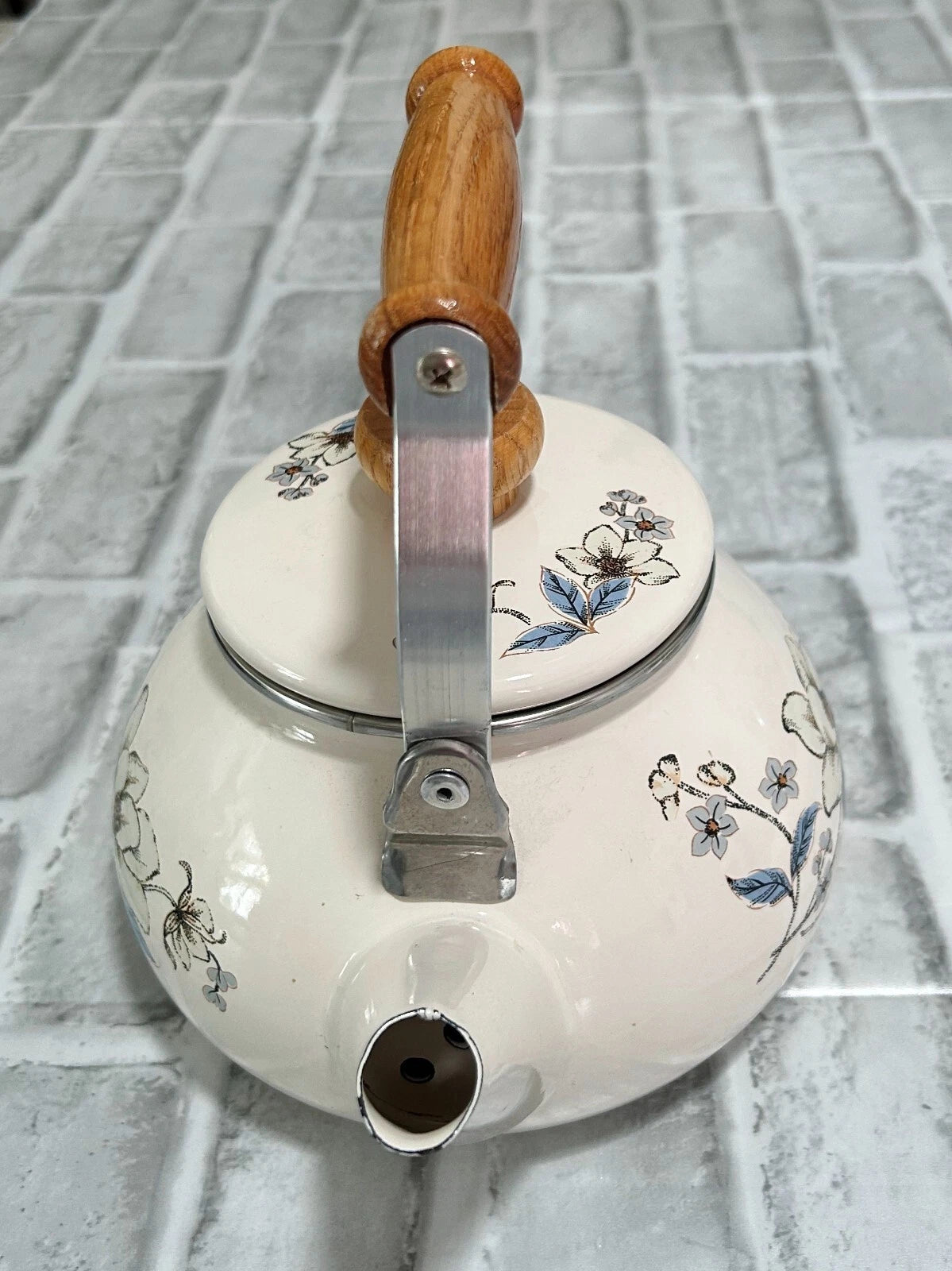 Vintage Teapot Enamel Kettle with Wooden Handle and Pot Top Floral Design | eBay