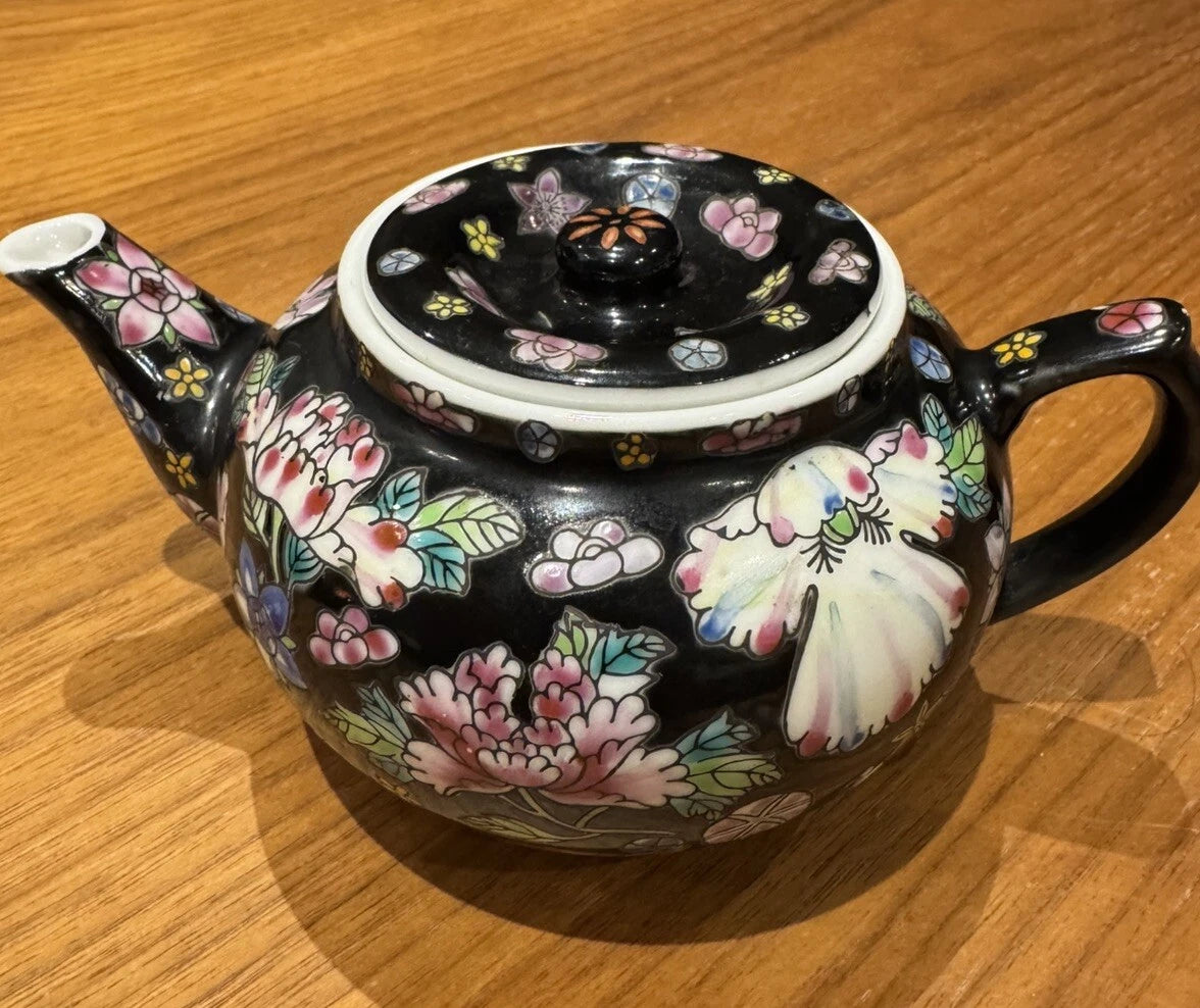 Chinese China Porcelain Tea Pot Hand Painted Floral Famille Noire Black Enamel | eBay